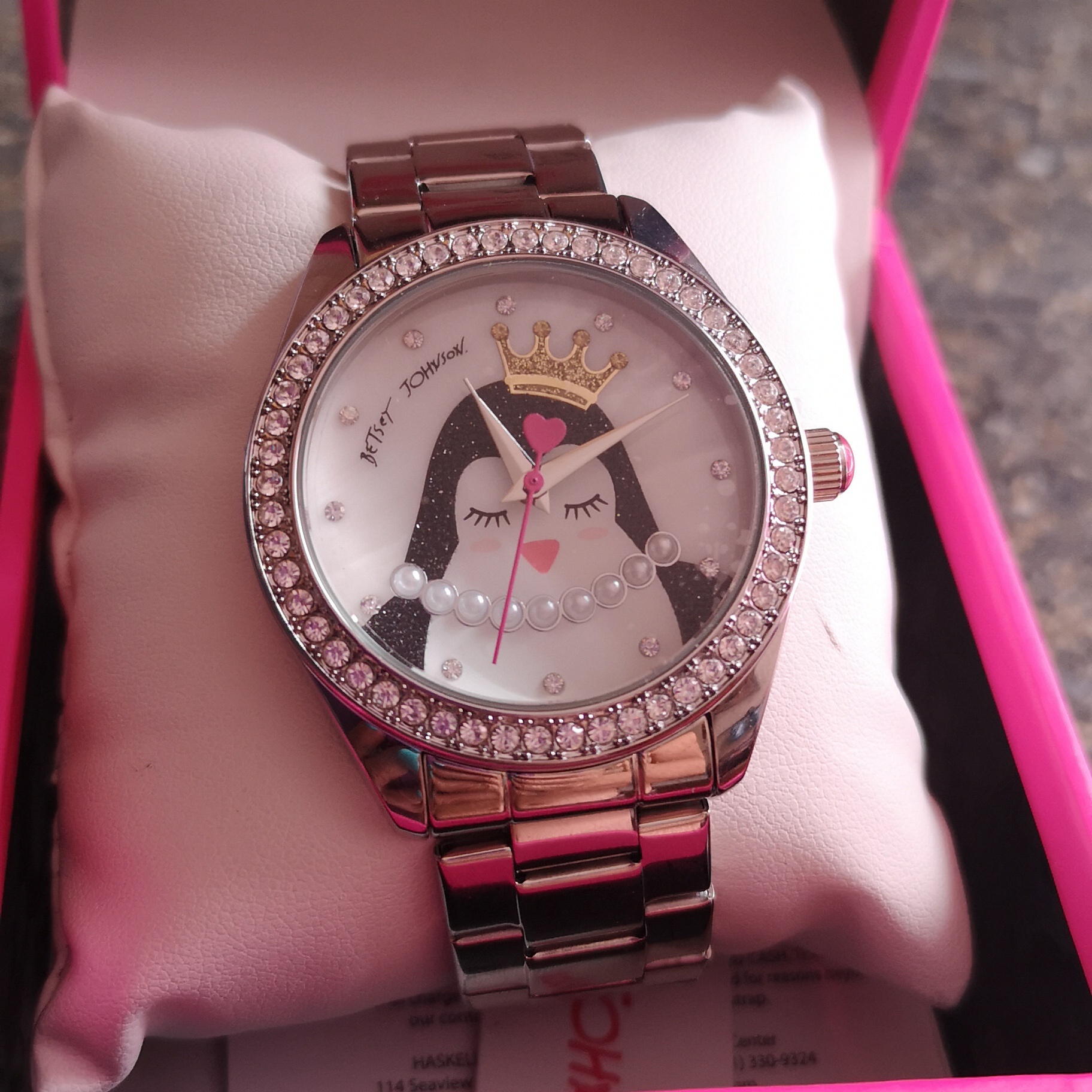 New In Box Betsey Johnson Watch With Penguin W Crown, Bling Gemstones Pearls